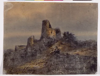 Udsigt over ruinerne af slottet Arques la Bataille (Arques-la-Bataille) Tegning af Victor Hugo (1802-1885) 1800-tallet Dim 17,4x22 cm Marseille, Chateau Borely, Museum for dekorativ kunst, fajance og mode