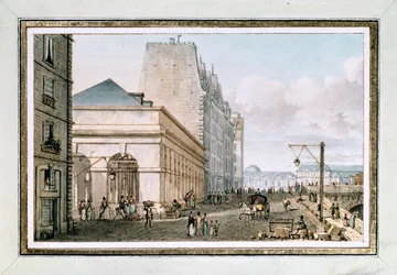 Udsigt over det nye fjerkræmarked, beliggende på Quai des Augustins nær Pont-Neuf, Paris, ca. 1810 (akvarel)