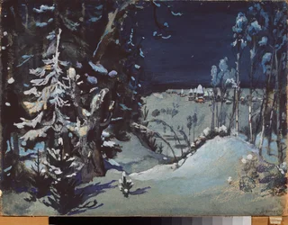 Forberedende indretning til teaterstykket ""La demoiselle des neiges"" af Alexandre Ostrovsky (1823-1886) (Scenedesign til teaterstykket Snow Maiden af ​​A Ostrovsky) La foret enneigee - Værk af Viktor Mikhaylovich Vasnetsov (1848-1926) , olie på ca