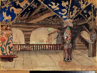 Forberedende indretning til teaterstykket ""La demoiselle des neiges"" af Alexandre Ostrovski (1823-1886) (Scenedesign til teaterstykket Snow Maiden af ​​A Ostrovsky) Træterrassen - Værk af Viktor Mikhaylovich Vasnetsov (1848-1926) ) , olie på