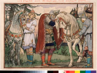 The Song of Oleg the Wise (Canto of Oleg the Wise) - Værk af Viktor Mikhaylovich Vasnetsov (1848-1926), akvarel på papir