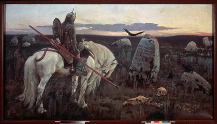 En ridder ved korsvejen (Ridderen, bevæbnet med en lanse, synes melankolsk foran en indgraveret stele på sletten, omgivet af menneskeknogler og overfløjet af en ravn i skumringen)