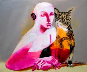 Lyserød figur og kat