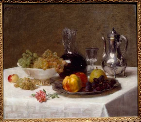 Bordhjørne Stilleben af frugt (druer, kvæde og pære), sølvtøj og vinkande. Maleri af Victoria Dubourg (1840-1926) 20. århundrede søn. 0,52x0,63 m Grenoble, Musee des Beaux Arts
