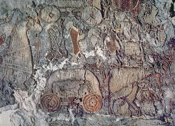 Detalje af et dyr, der trækker en vogn, fra et gobelin fundet med Oseberg-skibet (tekstil)