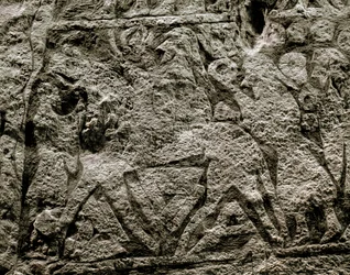 De døde rider på Odins hest, detalje af en vikingebegravelsessten, 7.-8. århundrede e.Kr.
