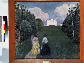 Glimt af solnedgangen. To kvinder går ned ad en landevej. Maleri af Viktor (Victor) Elpidiforovich Borisov Musatov (Borisov-Musatov) (1870-1905). tempera på lærred