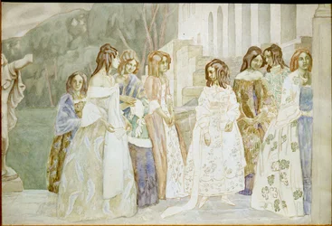 Requiem: unge kvinder i krinolinkjoler, der chatter i en have - Værk af Viktor (Victor) Elpidiforovich Borisov-Musatov (Borisov Musatov) (1870-1905)