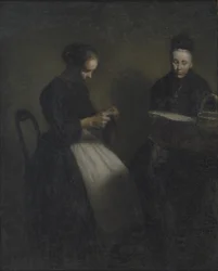 Aften i tegnestuen. Kunstnerens Moder og Hustru