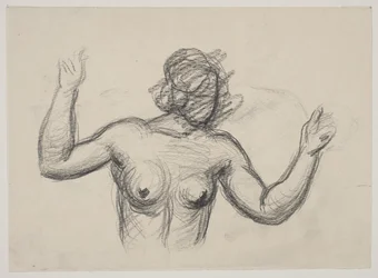 Kvindelig figur, halvfigur, som løfter armene
