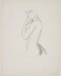 Kvindelig model, 3/4 figur, med hånden for munden