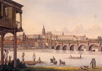 Udsigt over det lille kvarter og Prags borg Hradcany fra Papoueks bad, 1825 (farvet radering)