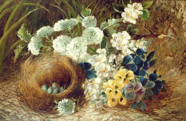 Et stilleben med blomster og en fuglerede på en mosebred