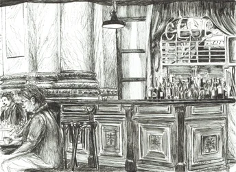 Cafe på Royal Exchange, Manchester, 2011, (blæk på papir)