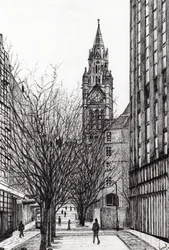 Manchester Town Hall fra Deansgate, 2007, (blæk på papir)