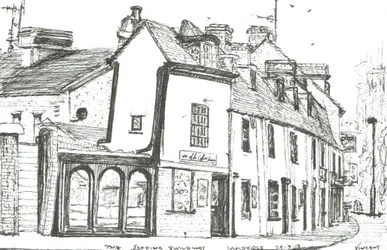 Skrånende bygninger Cambridge, 2003, (Blæk på papir)