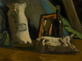 Stilleben med en flaske og to poser, 1884.