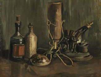 Stilleben med flasker og skal, 1884.