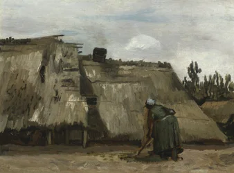 En bondekvinde graver foran sit sommerhus, ca. 1885