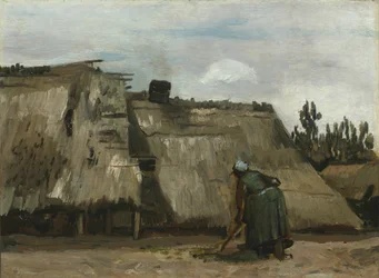 En bondekvinde graver foran sit sommerhus, ca. 1885.