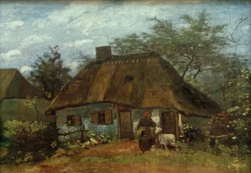 Bondehus og kvinde med ged