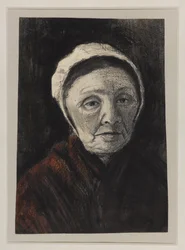 Hoved af en gammel kvinde i en Scheveninger kasket, 1882-83 (kul, sort og brunt kridt på papir)