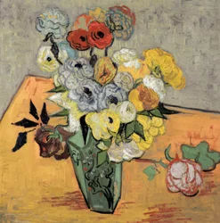 Stilleben med en japansk vase, roser og anemoner