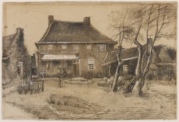 Præstegården i Neunen: Set fra bagsiden, med kunstnerstudiet til højre, ca. 1884 (grafit, pen og brun blæk, brun vask, forhøjet med hvidt på vævet papir)