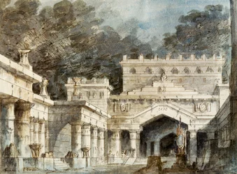 Scenografi af Francesco Bagnara til femte scene af Norma, opera af Vincenzo Bellini (1801-1835), opført på La Fenice Theatre i Venedig