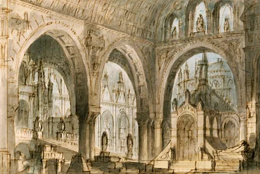 Scenografi af Francesco Bagnara til fjerde scene af Capuleti og Montecchi, opera af Vincenzo Bellini (1801-1835), opført på La Fenice Theatre i Venedig