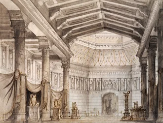 Scenografi af Francesco Bagnara til anden scene af Norma, opera af Vincenzo Bellini (1801-1835), opført på La Fenice Theatre i Venedig