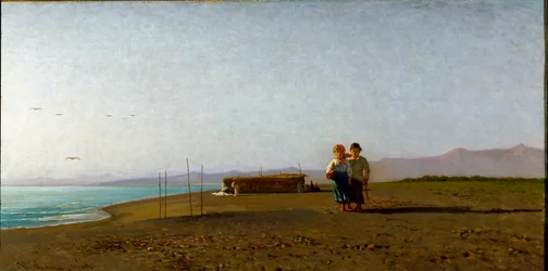 Udsigt over stranden i Viareggio morgensolen på den toscanske kyst, to silhuetter af børn. Maleri af Vincenzo Cabianca (1827-1902)