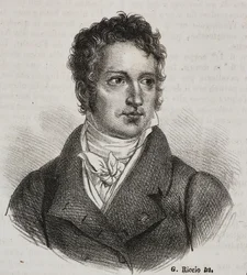 Portræt af Vincenzo Camuccini (1771-1844), italiensk maler og restauratør, litografi af Gaetano Riccio fra Poliorama Pittoresco, n 16, 23 november