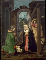 Fødselskirken med den hellige Katharina. Tilbedelse af Jesusbarnet med Madonna, Sankt Josef og Sankt Katarina, ca. 1495 (olie på panel)