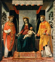 Madonna og barn mellem Sankt Faustinus og Sankt Jovita, af Vincenzo Foppa (ca 1427-ca 1515), Tempera på lærred, 205x226 cm