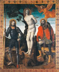 St. Sebastian, St. Rocco og St. Giorgio, bagsiden af Orzinuovis processionsbanner, af Vincenzo Foppa (ca1427 - ca. 1515), maleri på lærred.