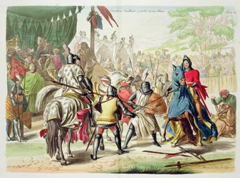 Riddere i duel til fods i en turnering, tavle 1 fra The History of the Nations, stukket af G. Lago