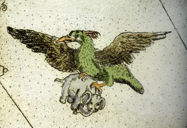 Kæmpefuglen Rok bærer en elefant mellem sine drivhuse for at give den til sine unger, detalje af et verdenskort af Vincenzo Coronelli (1650-1718). 17. århundrede