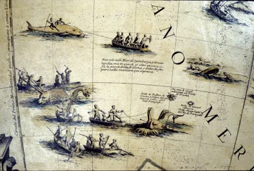 Hvalfangst i Stillehavet. Detalje af en Coronelli-klode fra det 17. århundrede.