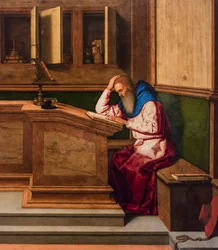 Sankt Hieronymus i sit arbejdsværelse, ca. 1515-1520 (blandet teknik på poppel)