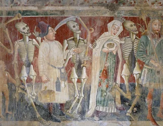 I nærheden af Pazin, dronning og købmand akkompagneret af Døden, Dødedansen (1474), detalje, fresko i kirkegårdskirken St Mary of Rock, af Vincenzo da Castua, Beram, Istrien, Kroatien