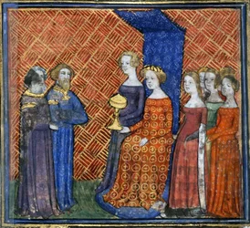 Kong Salomon modtager dronningen af Saba fra Bibelens historie af Guiart des Moulins, 1400-1415