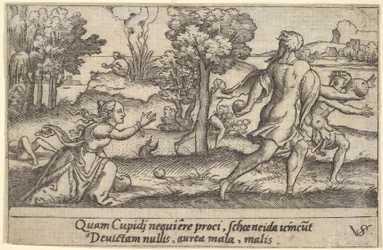 Atalanta og Hippomenes, i forgrunden Atalanta, der knæler for at samle et æble op og..., ca. 1535-62.