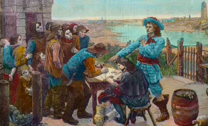 Den franske kaper Jean Bart med fiskere i Dunkerque - Privatmanden Jean Bart (1650-1702) med fiskerne fra Dunkerque - Indgravering efter maleriet af Virginie Demont-Breton (Demont Breton) ødelagt under Anden Verdenskrig)