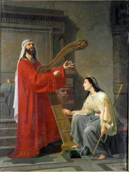 David og Micol Kong David spiller på harpe. Maleri af Virginio Grana (ca. 1830-1888) 1800-tallet søn. 243x182 cm Gener, Accademia Ligustica di Belle Arti, inv. 468