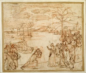 Kardinal Bessarion præsenterer for tre repræsentanter for Scuola della Carita i Venedig relikvieskrinet med et fragment af det sande kors (pen og blæk over kridt på papir)