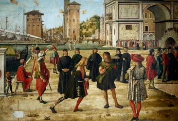 Cyklus af Saint Ursulas liv (bretonsk prinsesse). Tredje episode: ambassadørernes tilbagevenden til kongen af England. Detalje, der repræsenterer ambassadørerne. Uddrag fra legende doree af Jacques de Voragine (ca. 1228-1298). Maleri af Vittore Scarpa