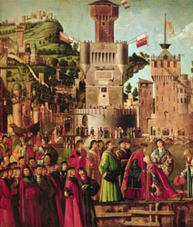Detalje af mødet mellem Etherius og Ursula og pilgrimmenes afgang, fra St. Ursula-cyklussen, ca. 1490-96 (detaljer fra 56472)