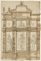 Studie til en altertavle med seks billeder sat i en udsmykket struktur af rammer. Øverst: Stigmatiseringen af St. Francis, Madonna og Child, St. Hieronymus i ørkenen; nederst: Sts Lawrence, Sebastian og Roch
