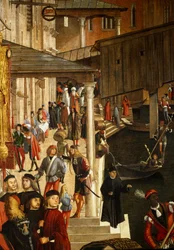 Miraklet af relikvie fra det hellige kors ved Rialtobroen i Venedig, detalje. Maleri af Vittore Scarpazza dit Vittore Carpaccio (1460-1525)